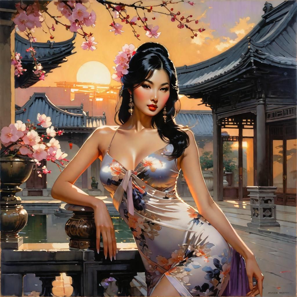 Beautiful Asian Woman Portrait with Cherry Blossoms