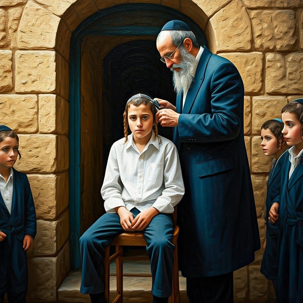 Young Hasidic Boy Undergoing Circumcision in Humble Neighbor...