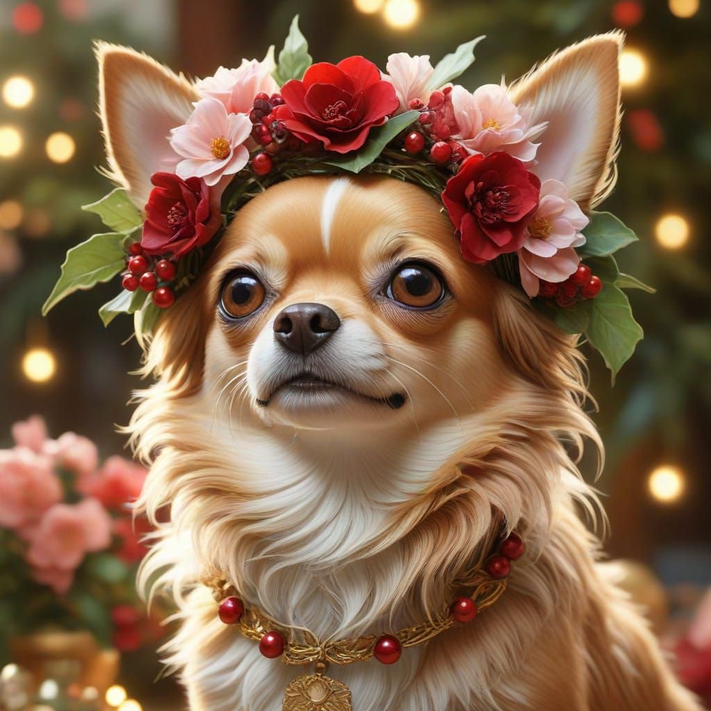 Tan Chihuahua in Vibrant Christmas Wreath under Golden Light...