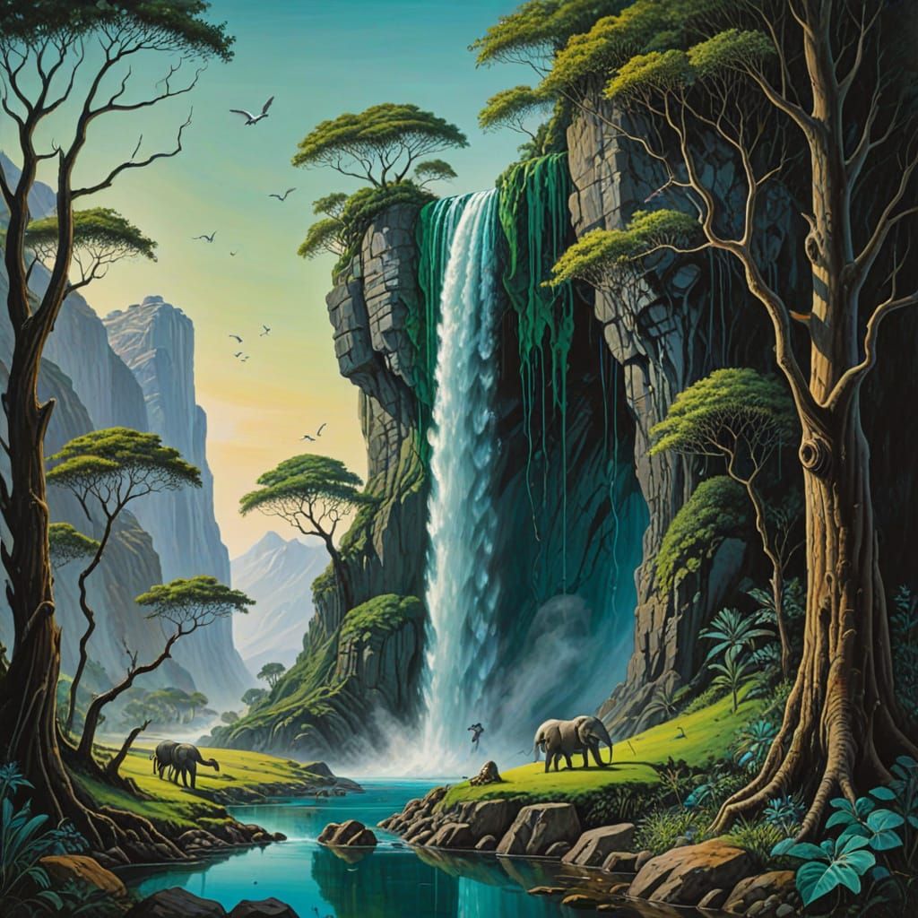 Dreamlike Waterfall in Surrealist Landscape