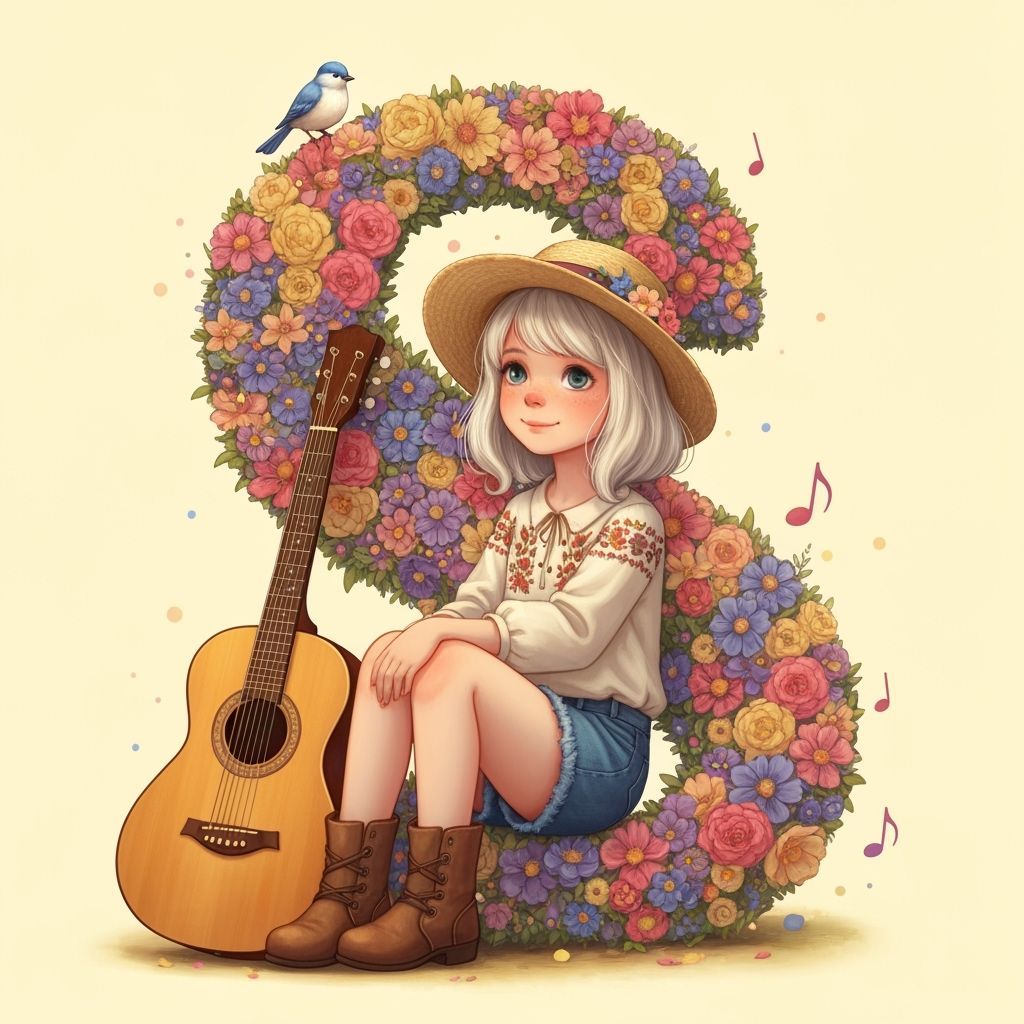 Girl with Flowers and Guitar Next to Letter S