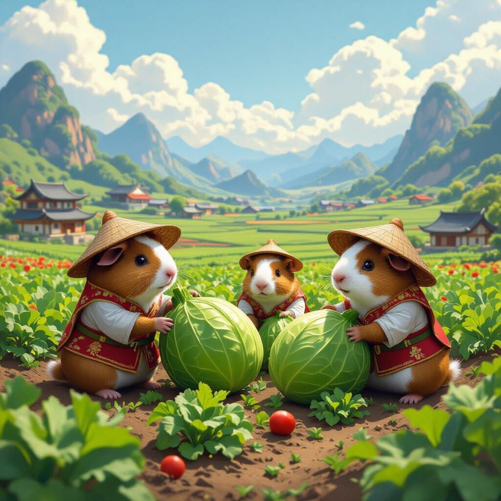 Guinea Pigs Harvest Vegetables in Chinese Village