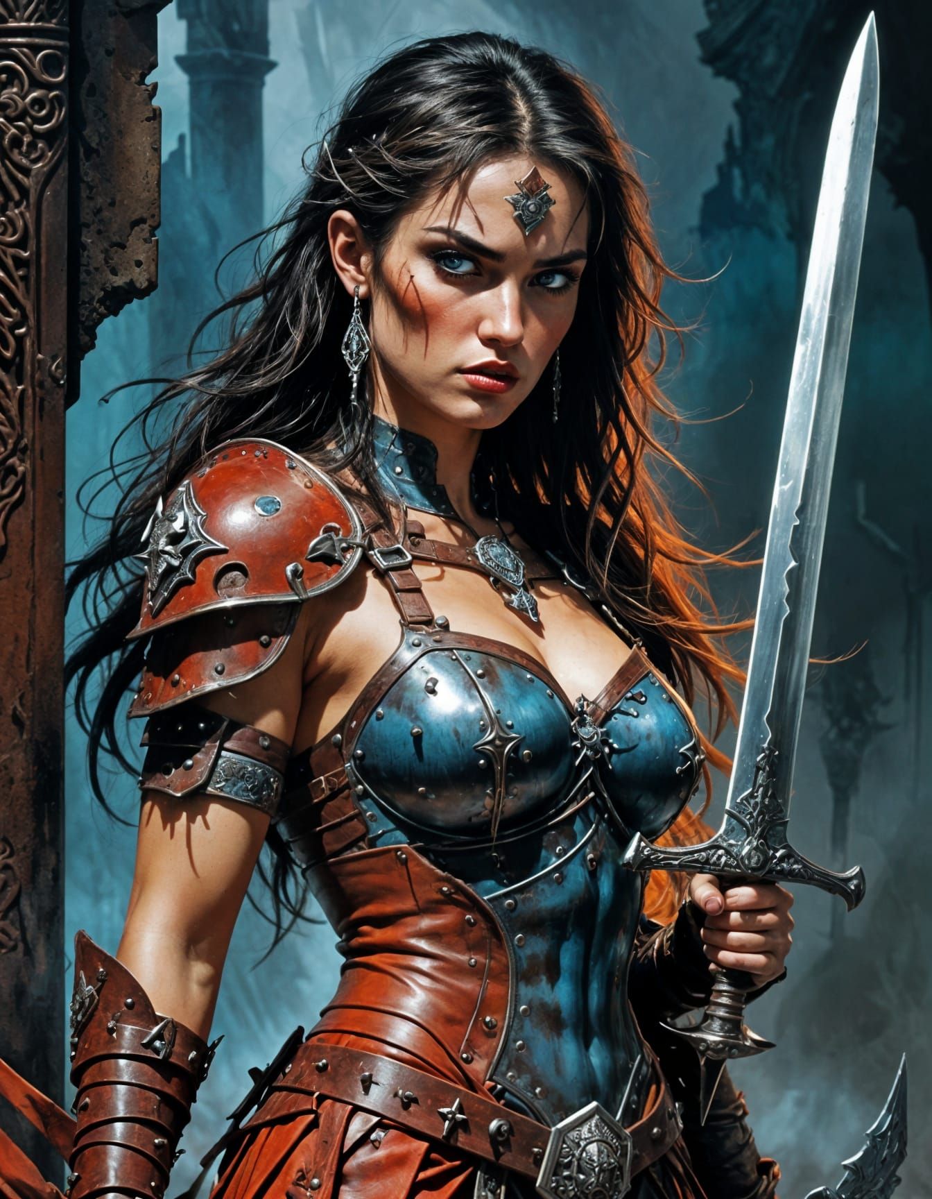 Fierce Barbarian Woman in Gothic Horror Setting