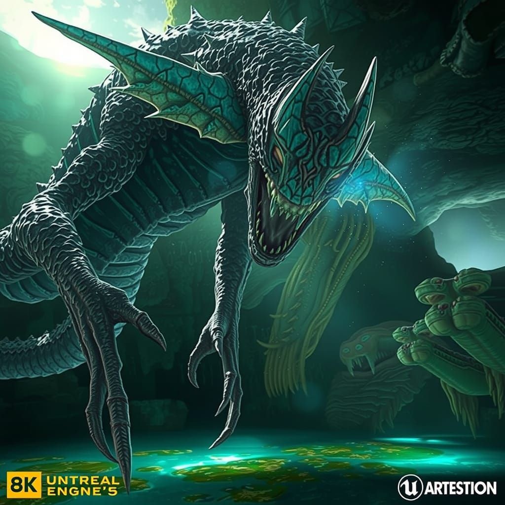 Bioluminescent Cenote Monster Emerges, Detailed Matte Painti...