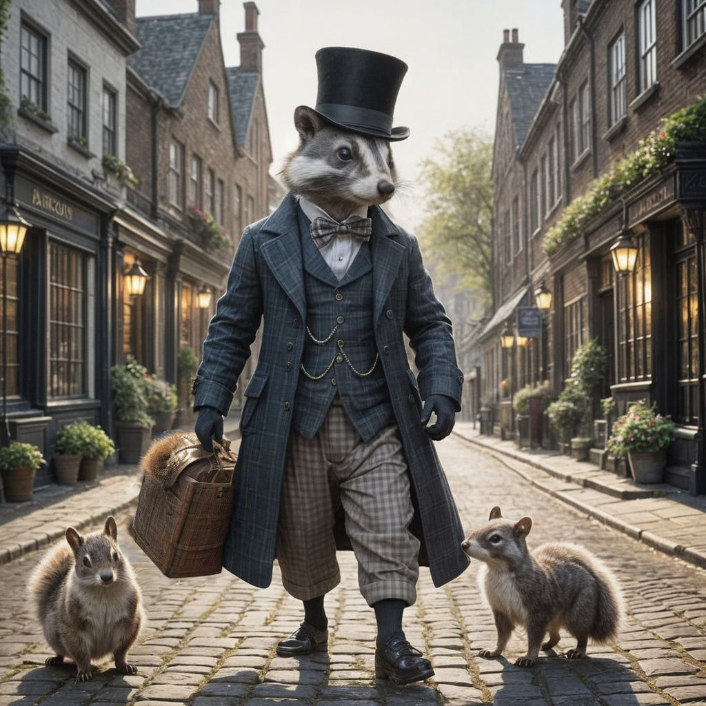 Victorian Badger Couple Strolls Down Cobblestone Street