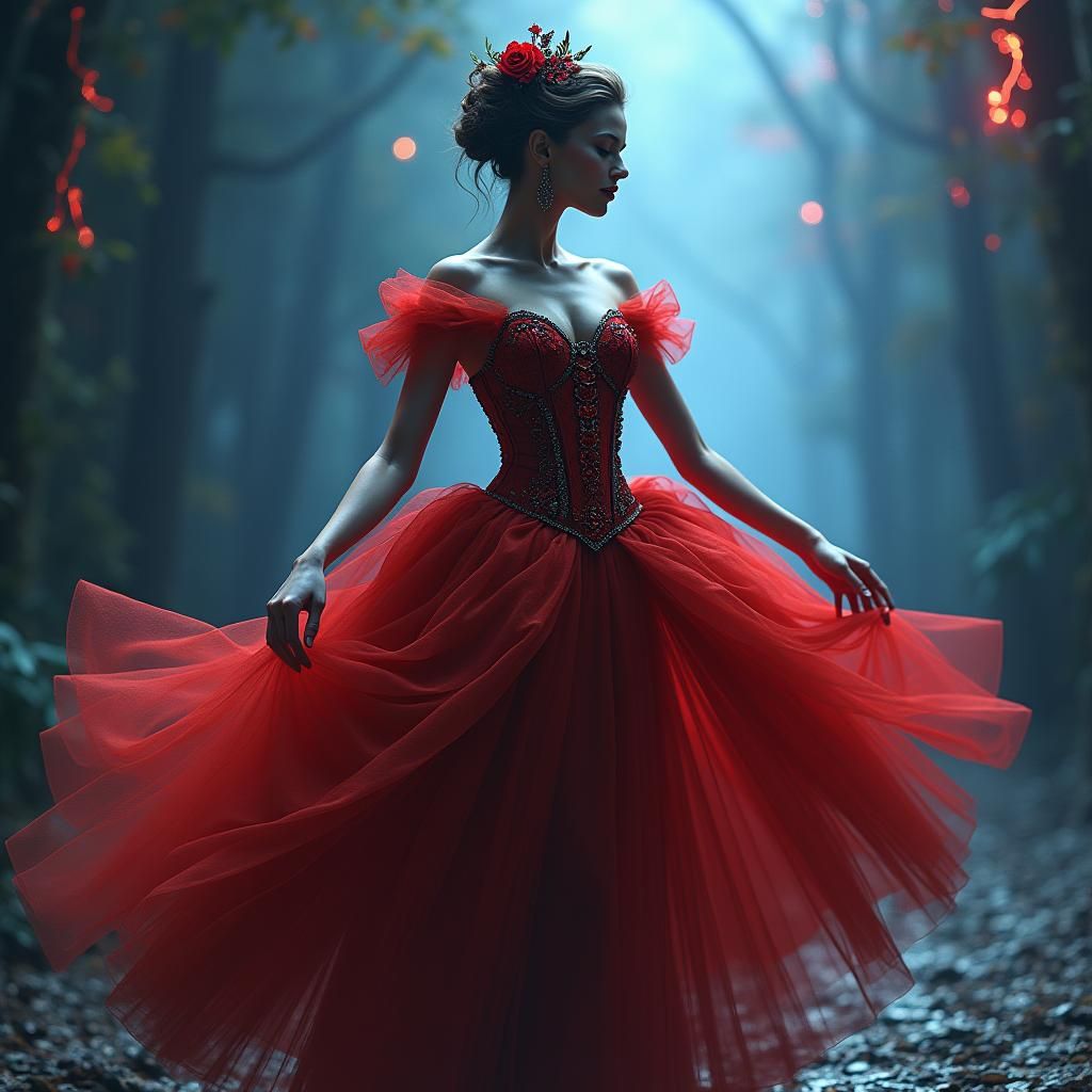 Gothic Ballerina in Red Dress: A Digital Oil Painting