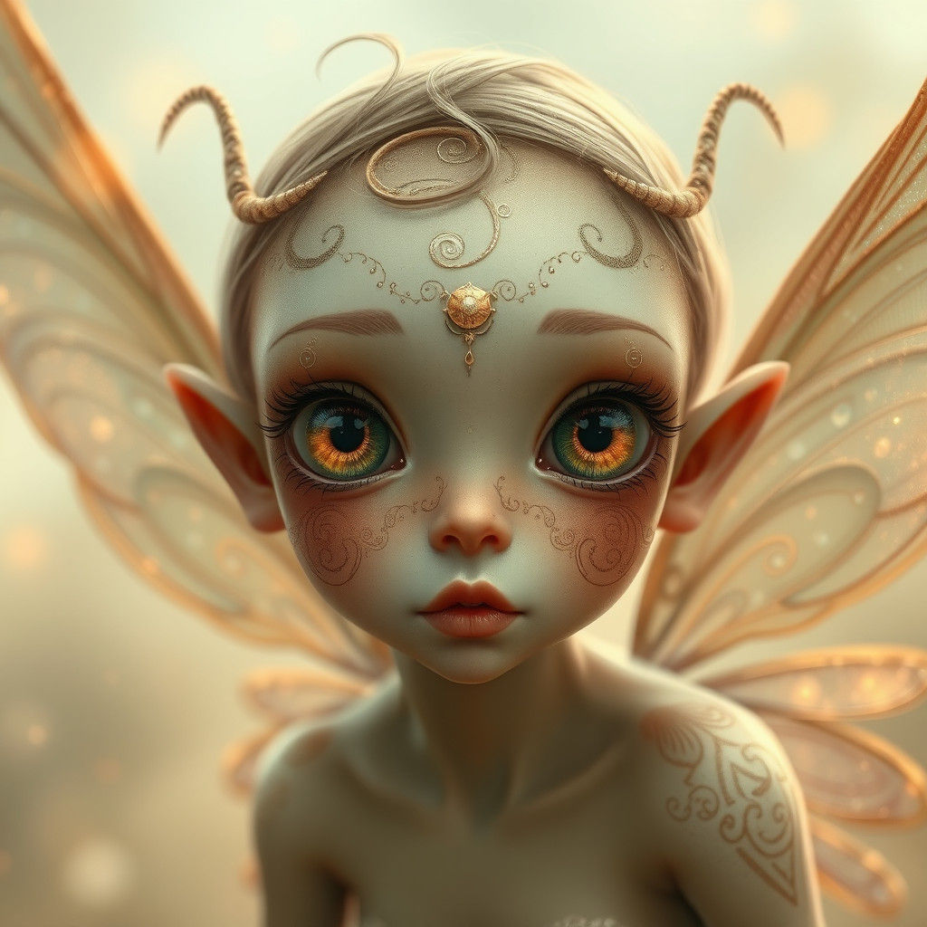 Ethereal Fairy with Shimmering Eyes in Dreamy Landscape