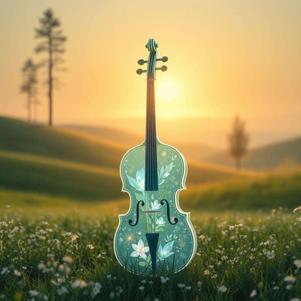 Digital Artwork of a Transparent Cello in a Mystical Landsca...