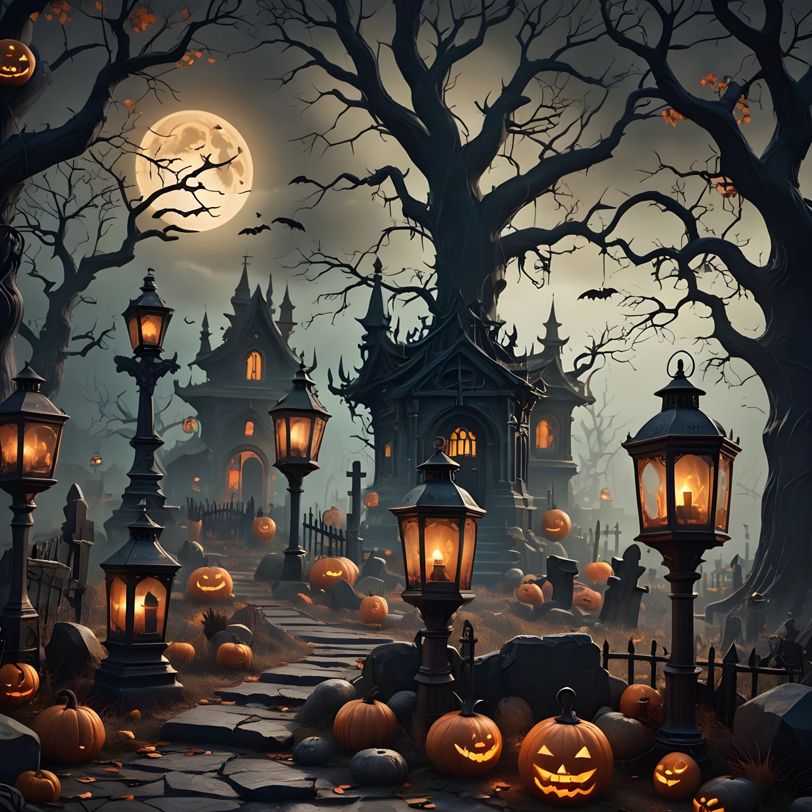 Halloween Graveyard Lantern: Detailed Matte Painting