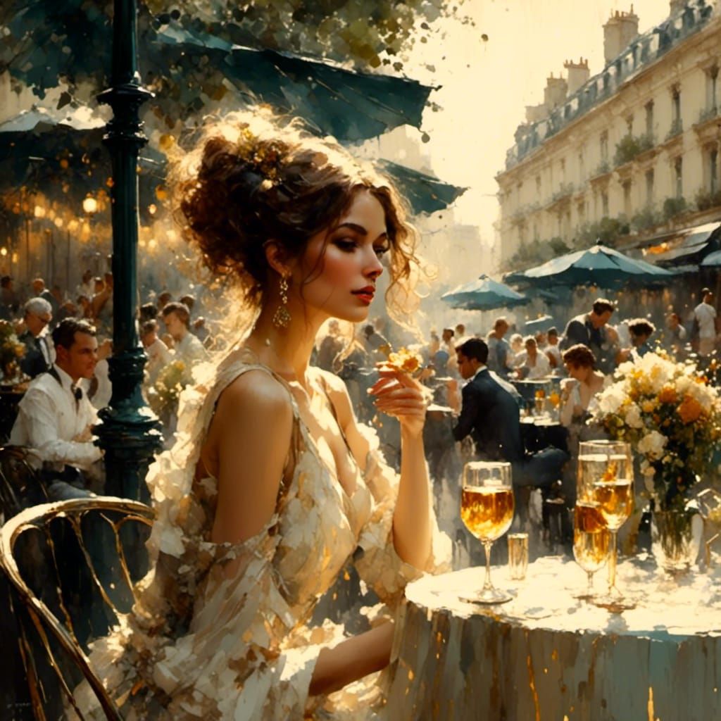 Parisian Cafe Scene in Art Nouveau Style