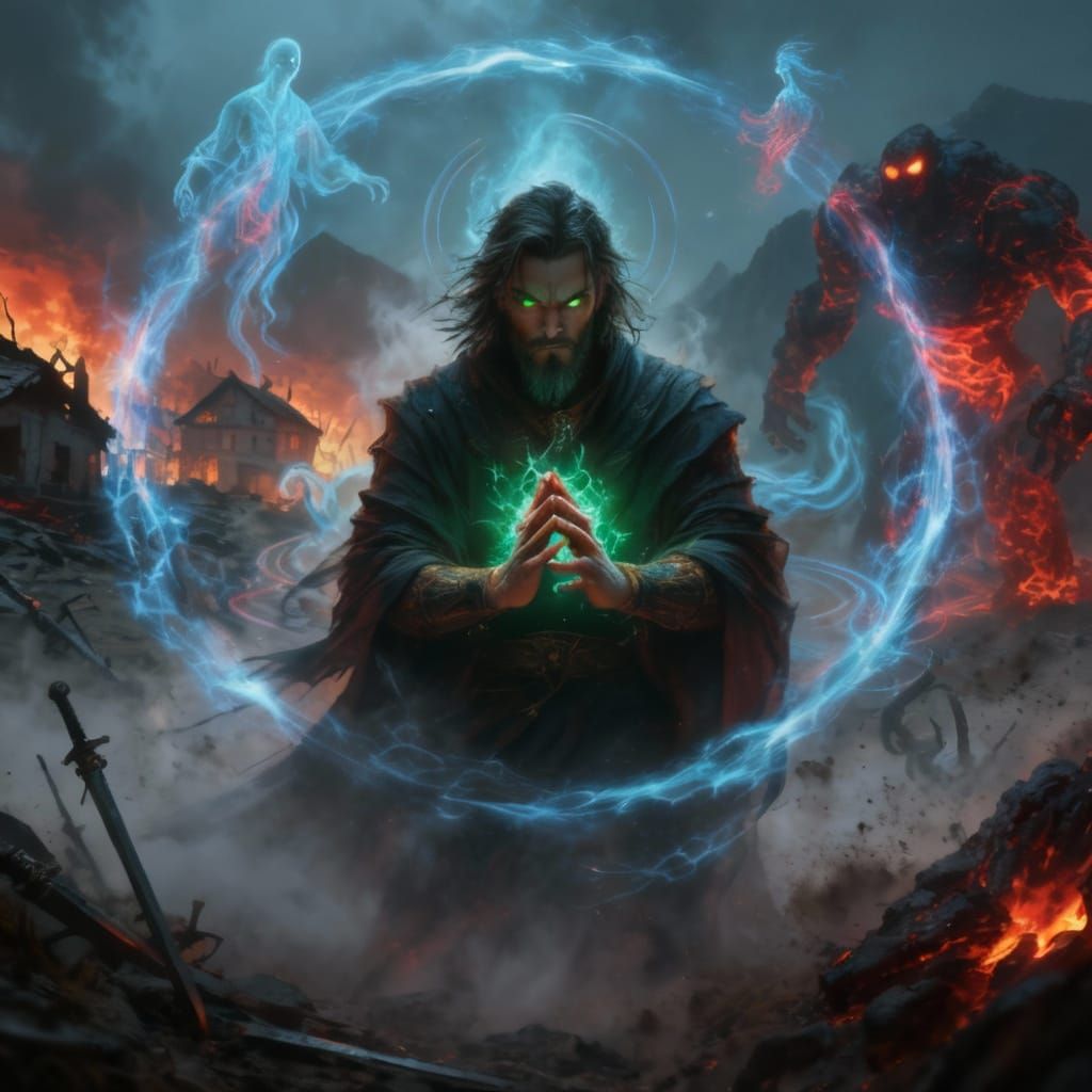 Energetic Fire Mage Summons Spirits Amidst War Zone