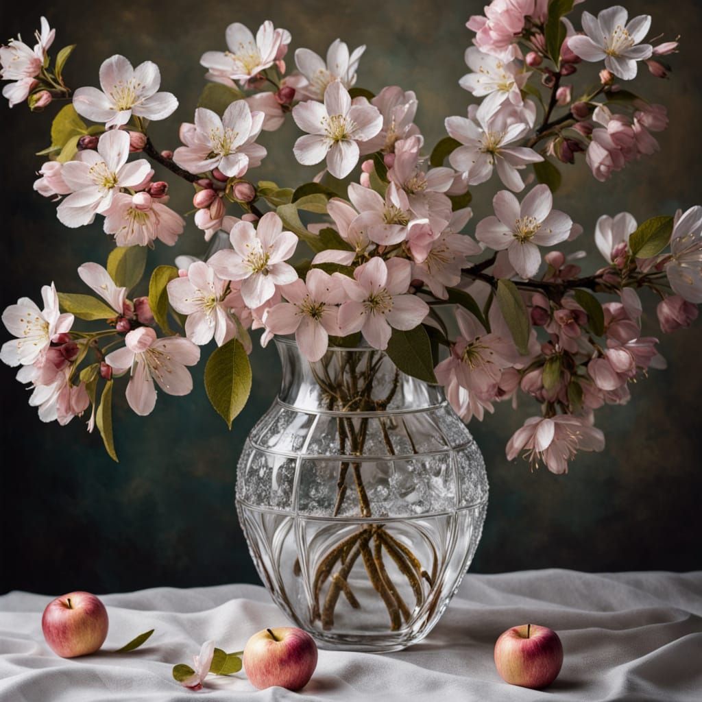 Delicate Apple Blossoms in a Crystal Vase, in the Style of I...