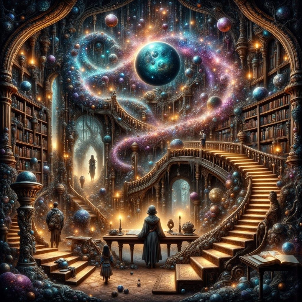 Whimsical Celestial Library in Abstract Reality