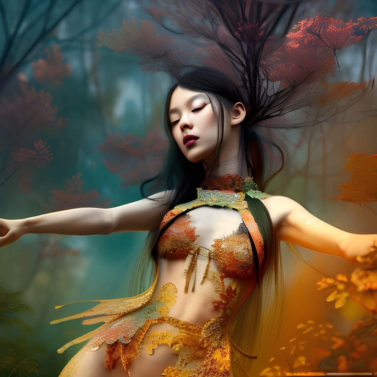 Hyperrealistic Ribbon Dancer in Polychrome Lighting