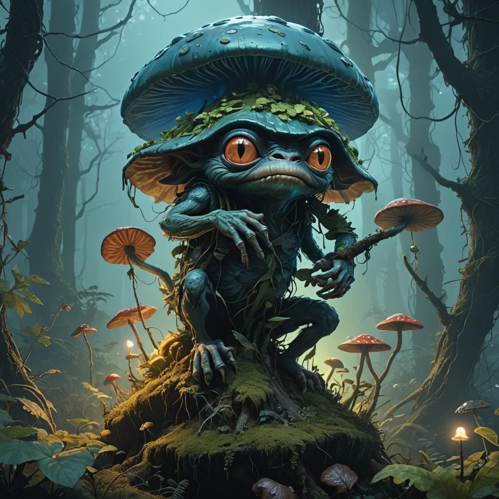 Gremlin on Mushroom in Bioluminescent Forest