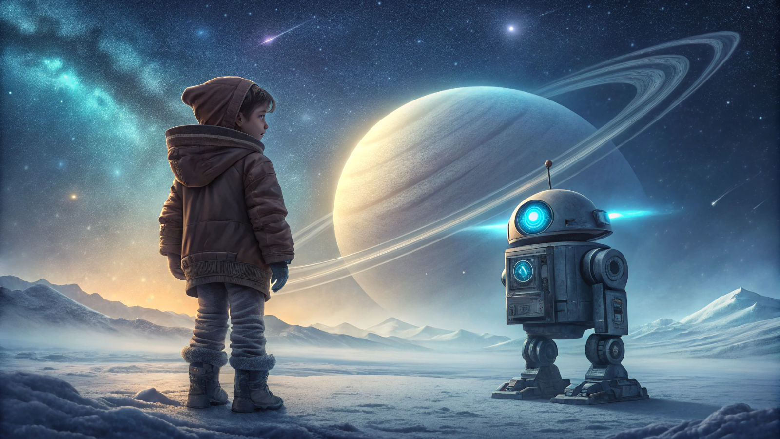 Boy and Robot Watch Saturn Rise on Icy Planet