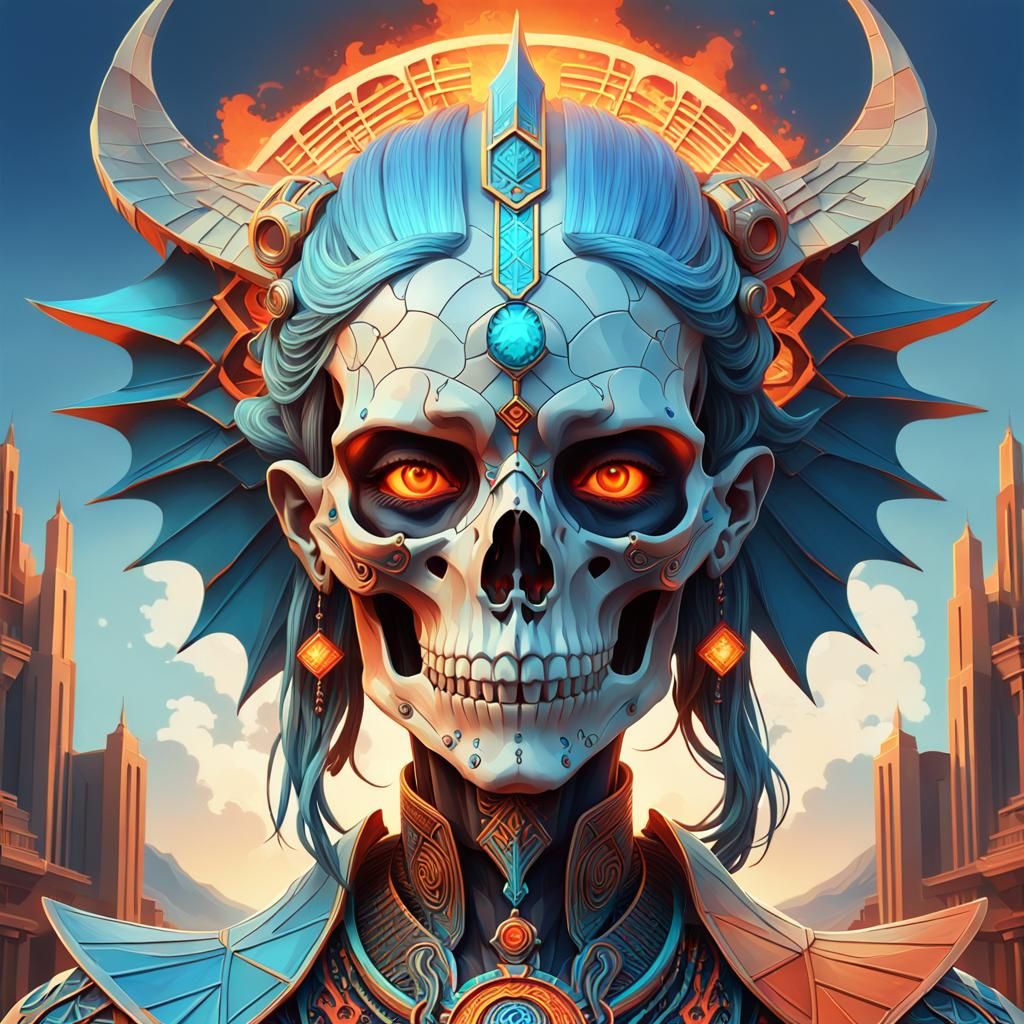 Art deco old skull woman fire orange sky blue sacred dragon ...