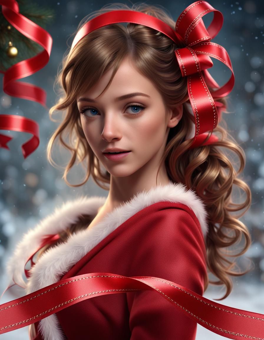 Festive Lady in Red Christmas Ribbon, High Detail
