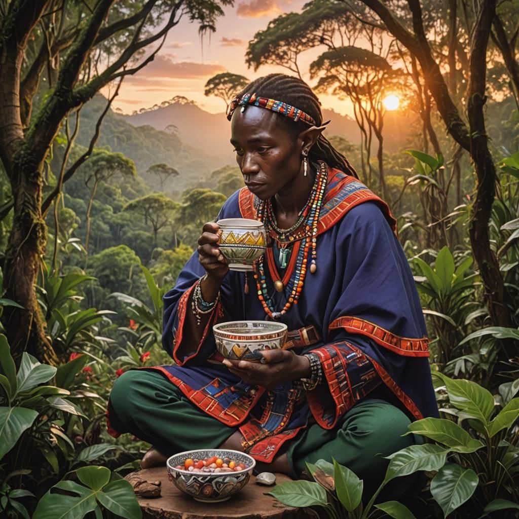 Elf in Rainforest Sunset with Maasai Beadwork