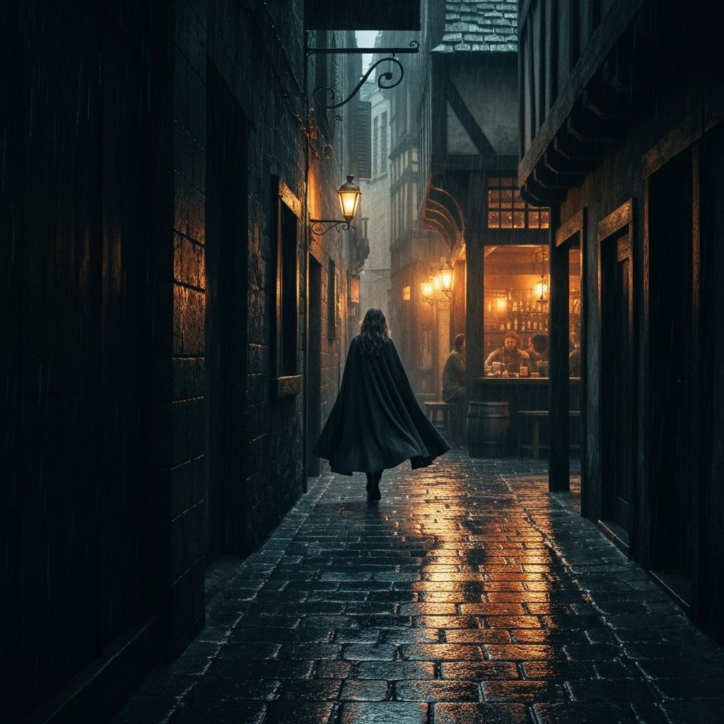 Mysterious Woman in Dark Cloak in Rainy Medieval Alley