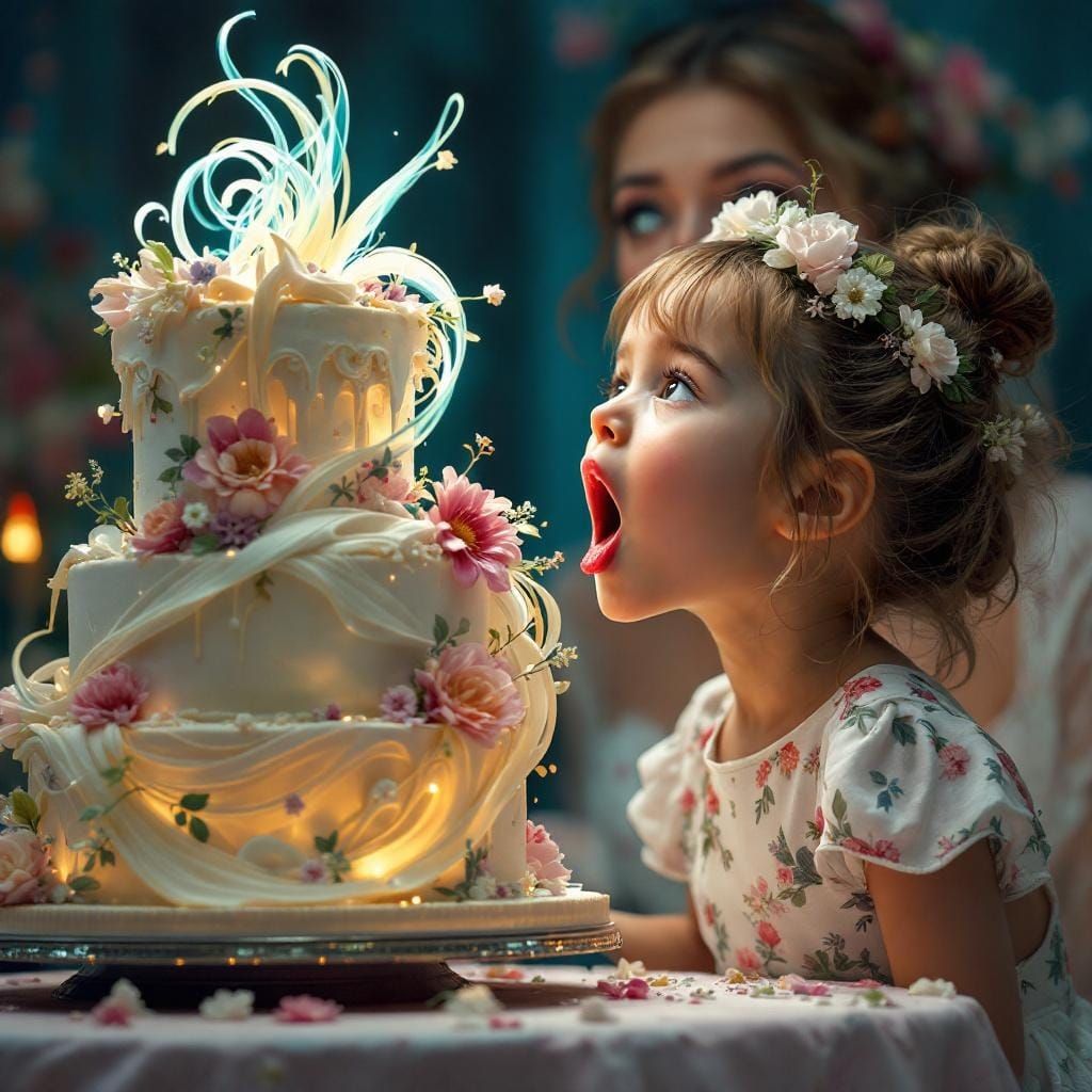 Girl Licking Wedding Cake in Hyperrealistic Style