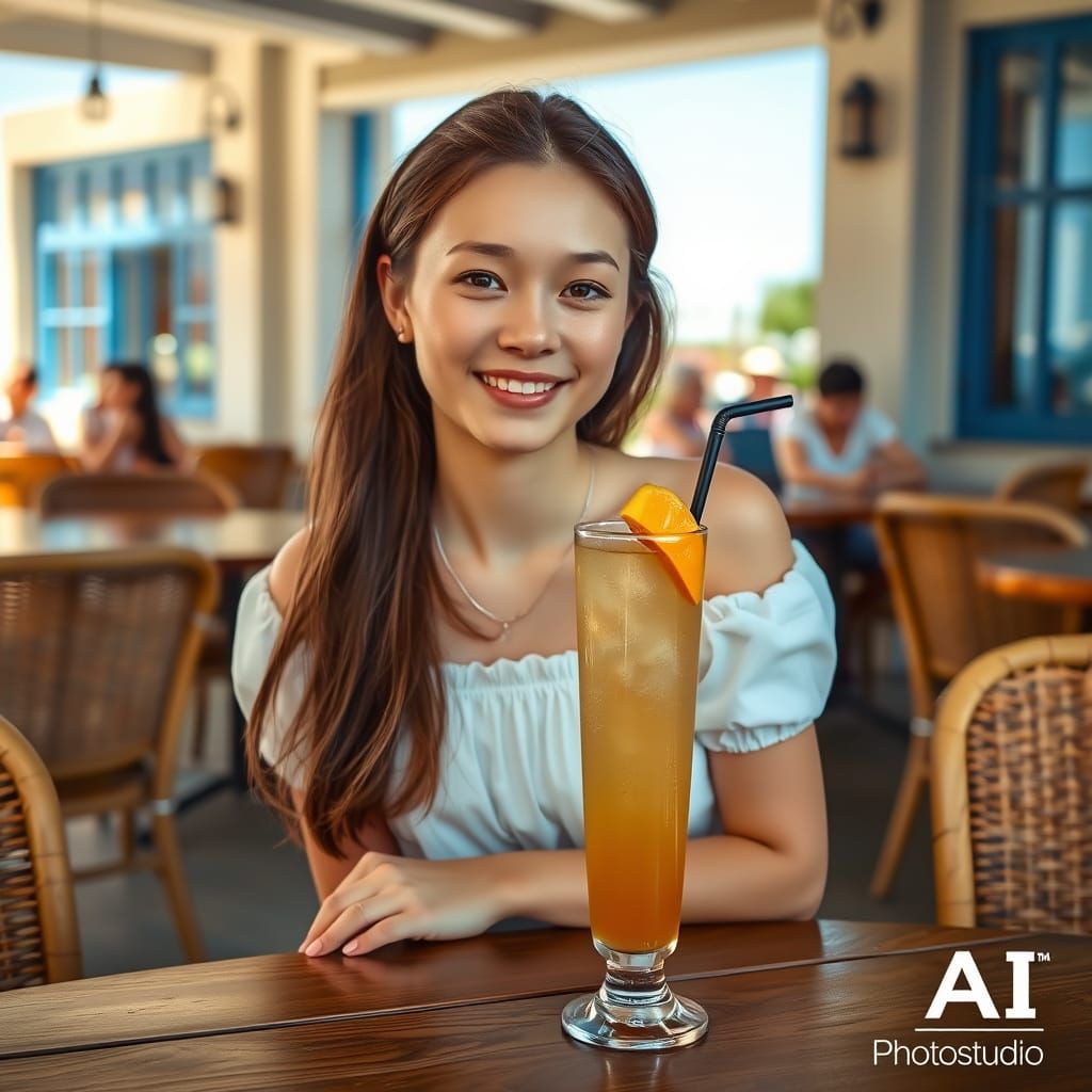 Gentle Café Scene with a Young Woman in a Flowy White Dress