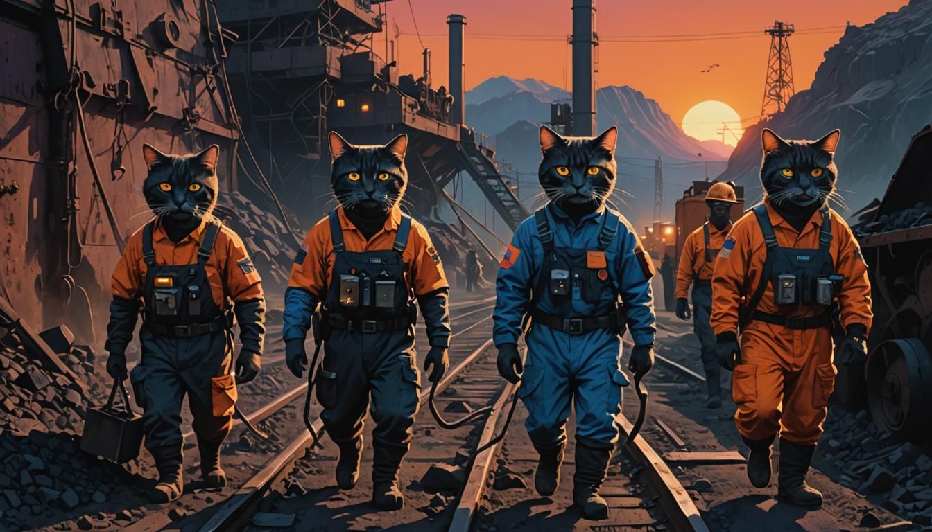 Cats in Coal Miners' Uniforms at Sunset