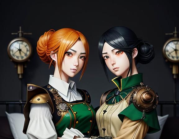 Kemono Twin Sisters Kissing in Steampunk Manga Style
