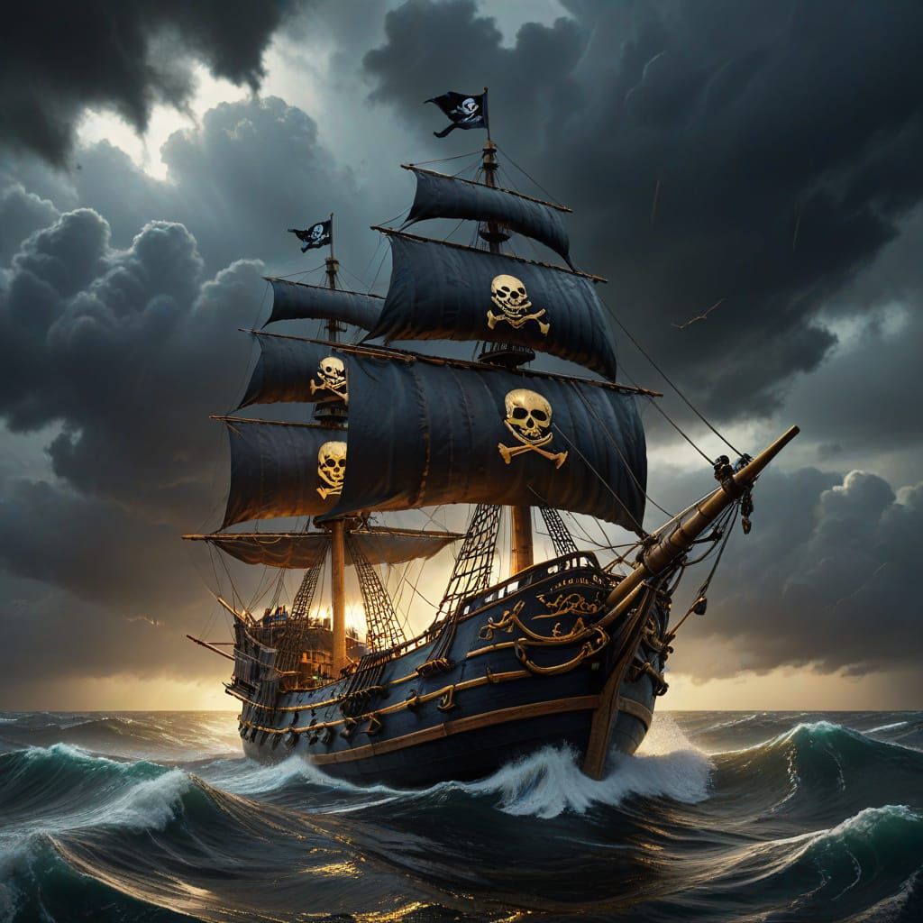 Pirate Ship Sails Through Stormy Seas