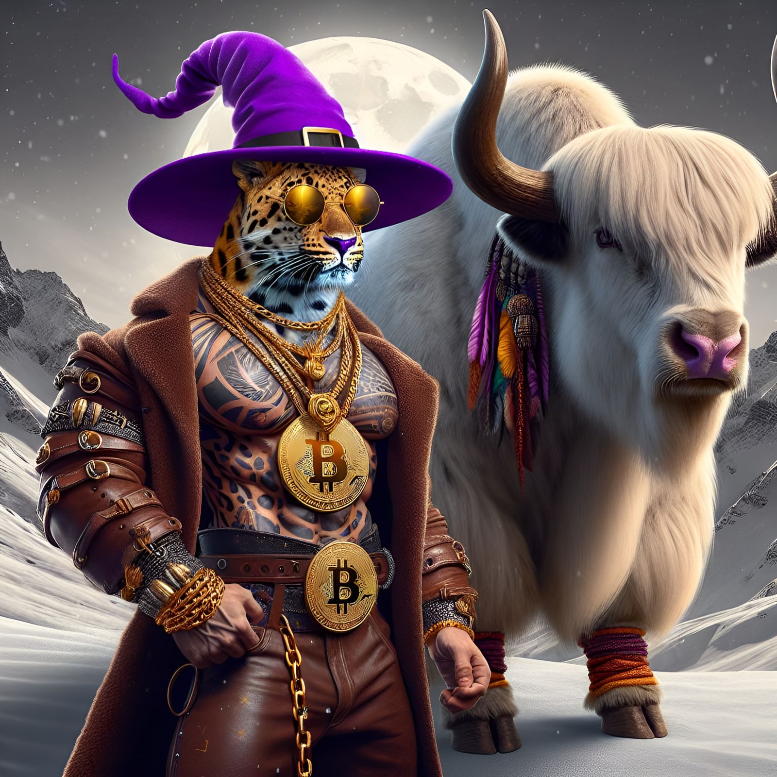 Leopard and Yak on Snowy Mountain Path