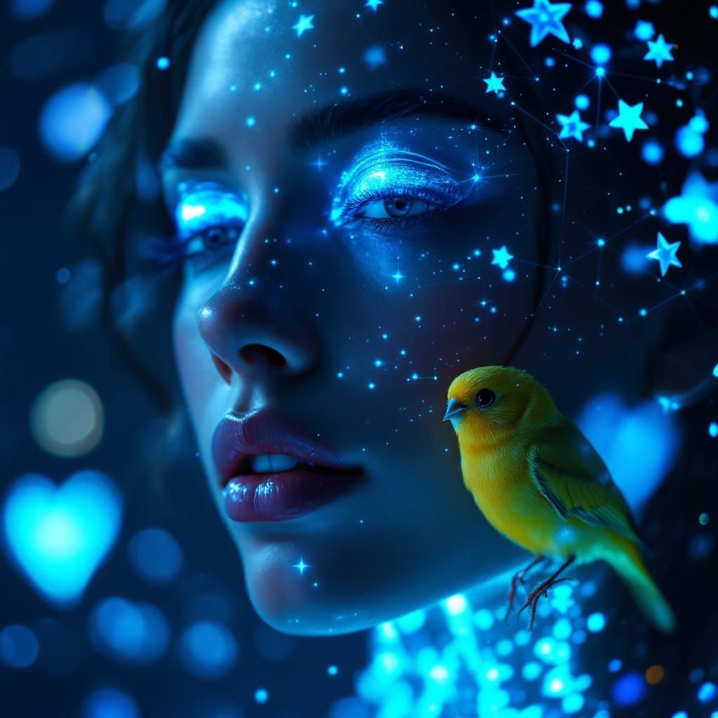 Cyberpunk Android Goddess with Bright Yellow Bird