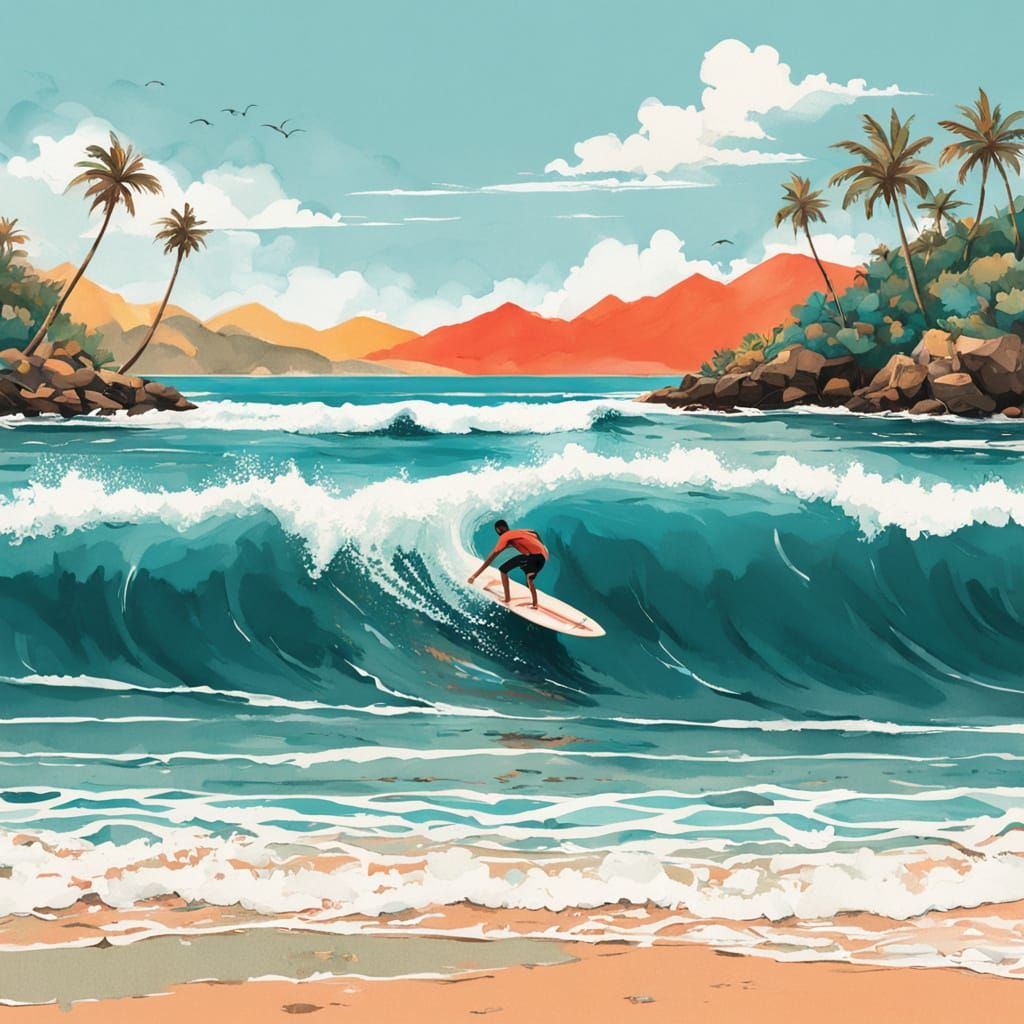 Vibrant Tropical Surf Scene in Bold Brushstrokes