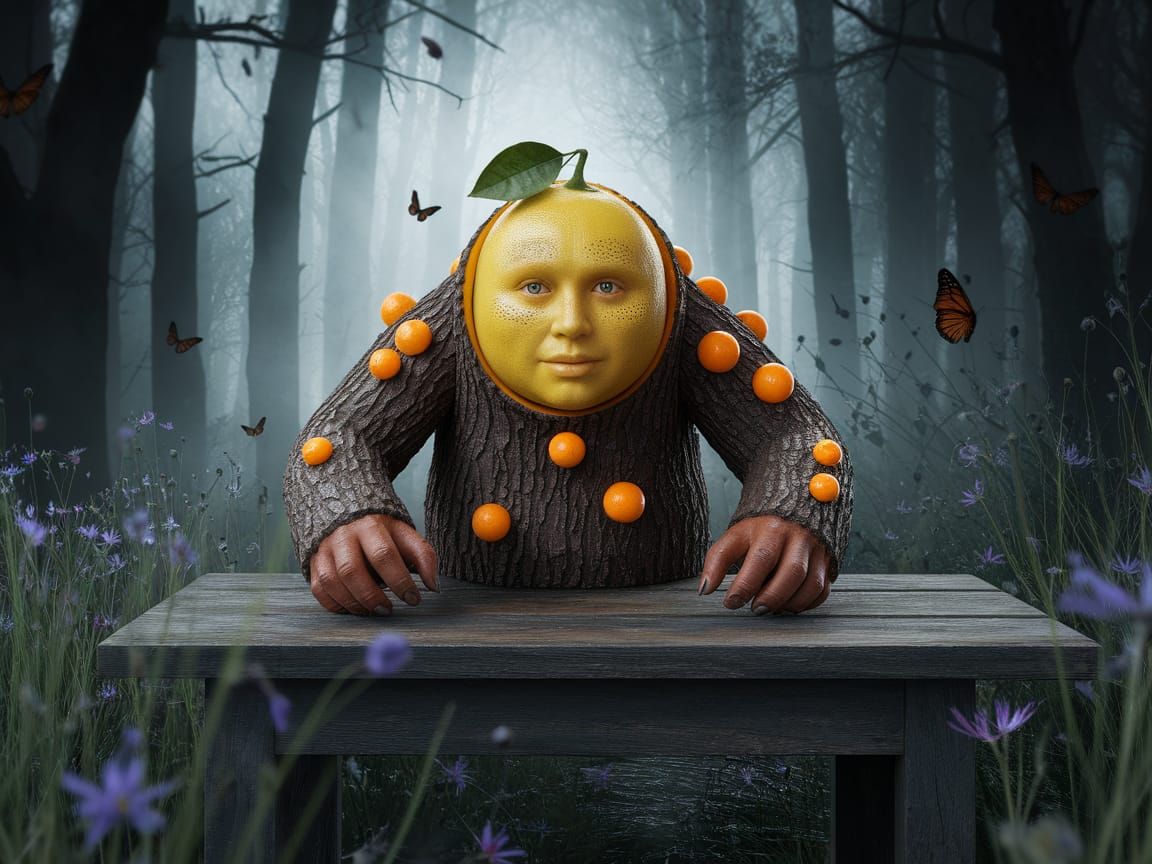 Surreal Orange Fruit Tree Monster in Gothic Forest