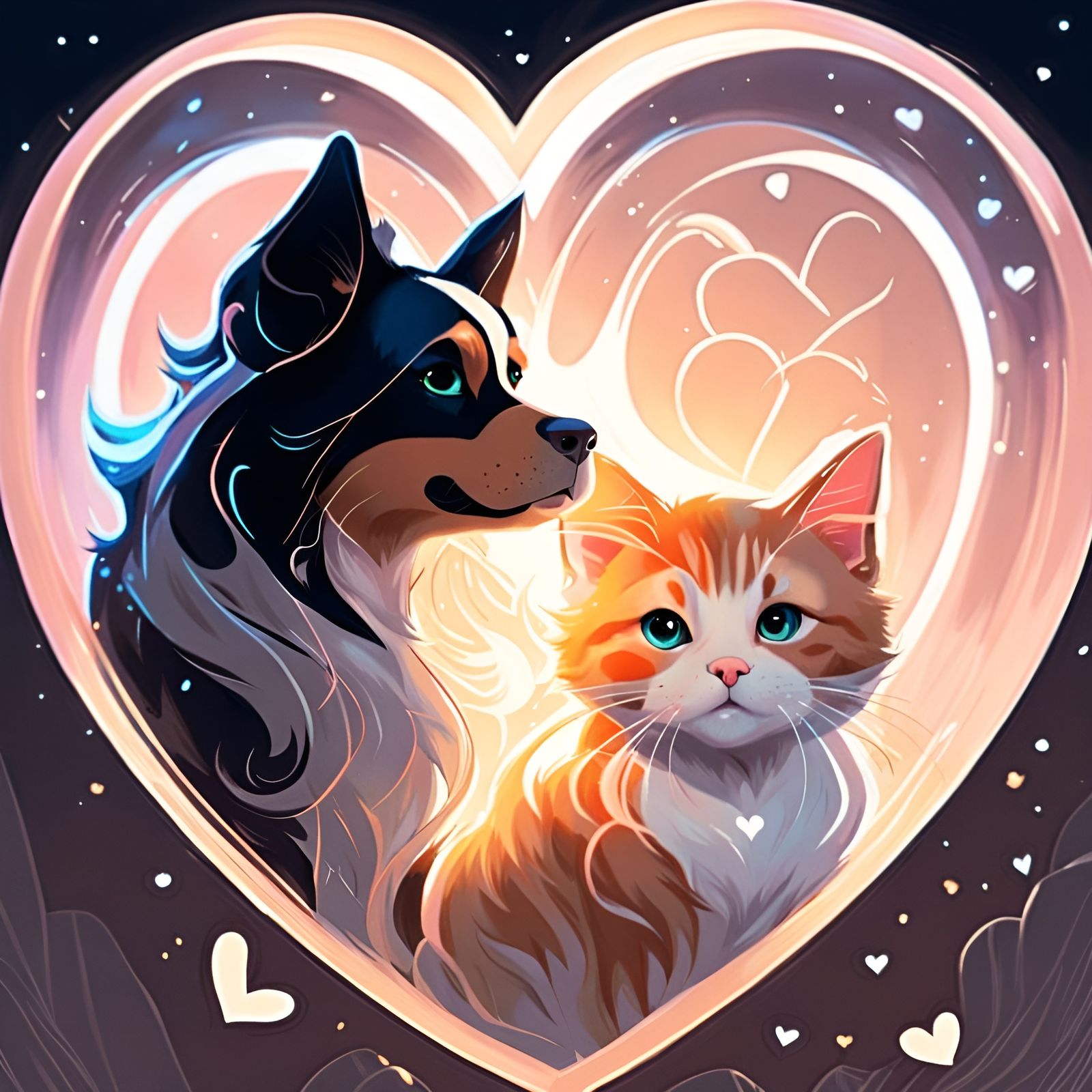 Dog and Cat in Heart, Cartoon Style