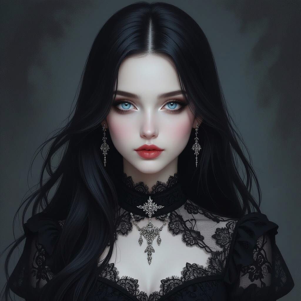Gothic Portrait of a Woman in Black Lace Dress