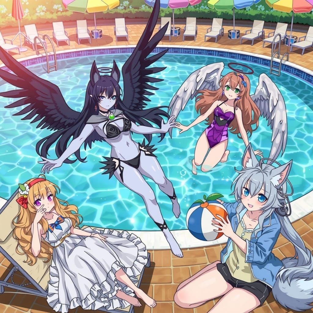 Anime Pool Party Under Blue Skies