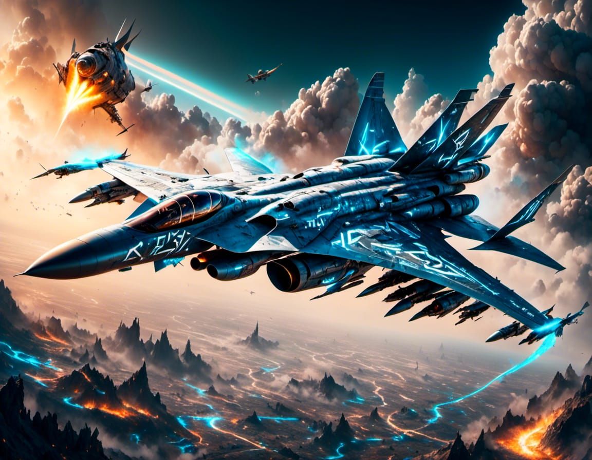 Futuristic Fighter Jet with Glowing Runes in Flight