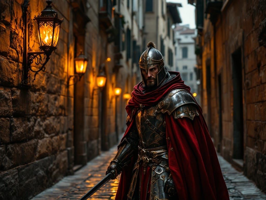 Renaissance Guard in Crimson Cloak Walks Down Cobblestone St...