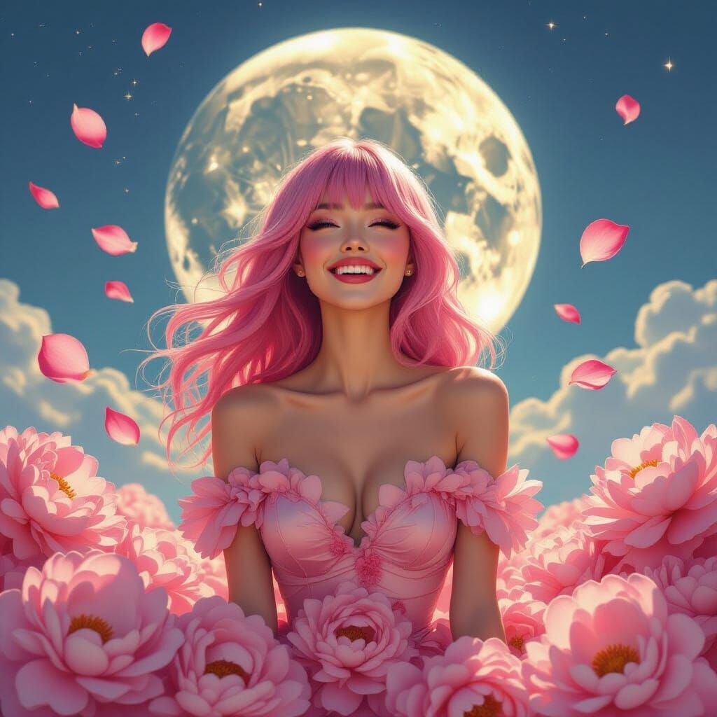 Pink-Haired Woman in Peony Dress, Surreal Oil Painting