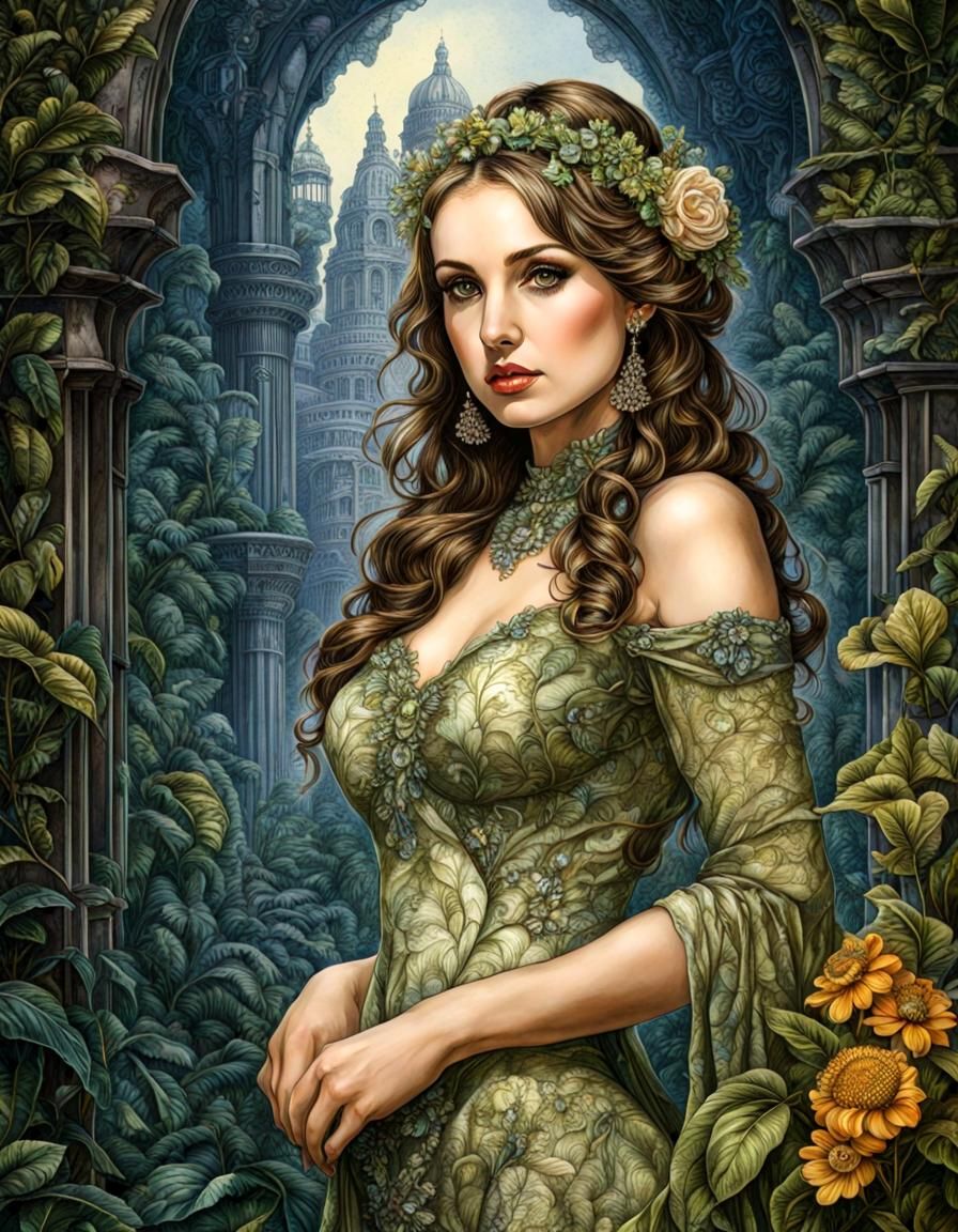 Dystopian Bridesmaid Portrait in Etching Style