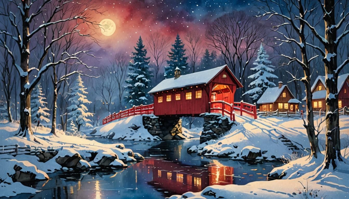 A cold blue Christmas snowy moonlit night scene :: a wintry ...