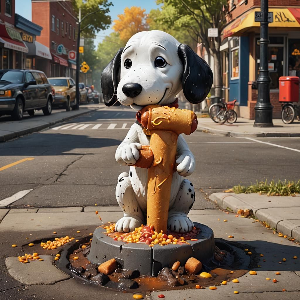 Hyperrealistic Snoopy Relishes Corn Dogs