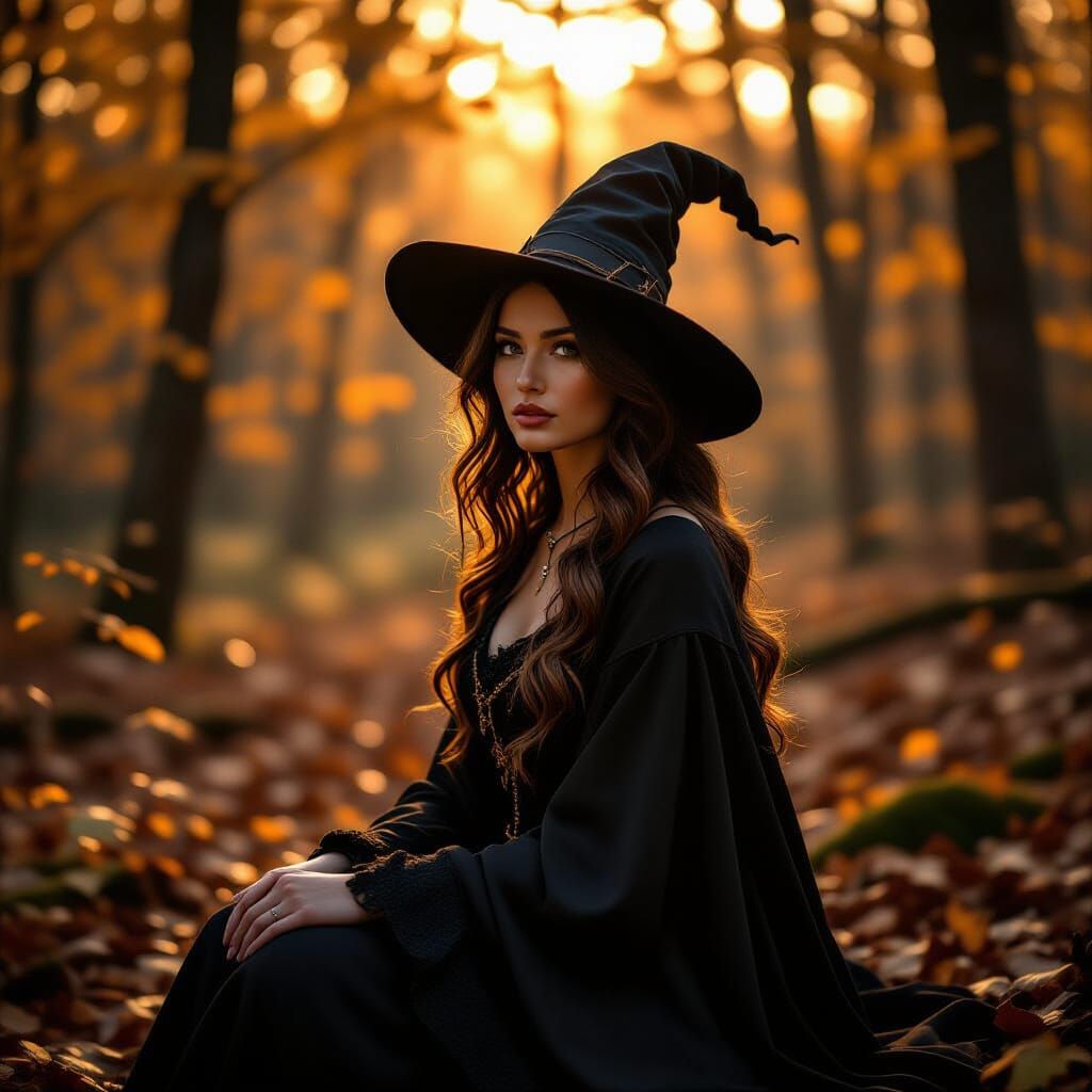 Mystical Autumn Witch in Cinematic Forest
