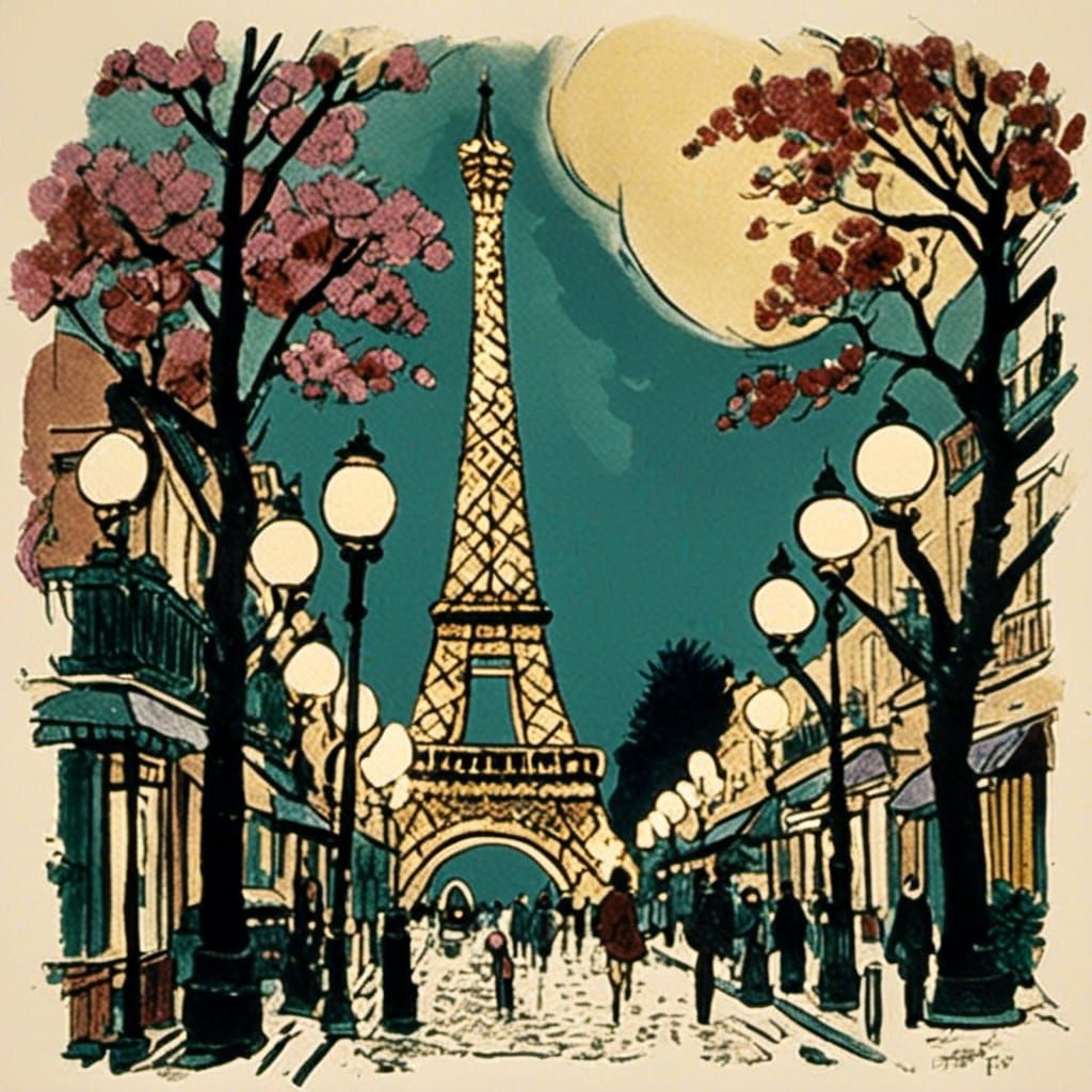 Eiffel Tower in Night Street Light, Folk Art Style