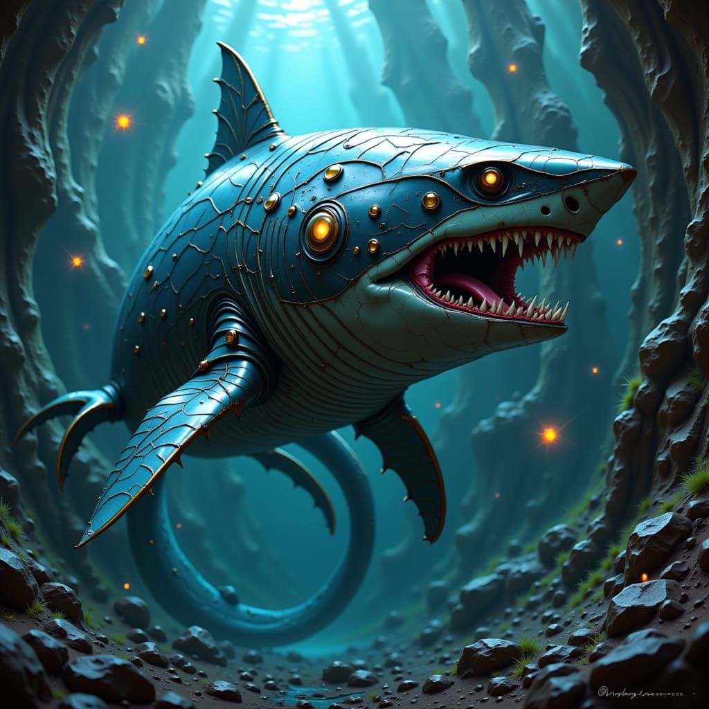 Armored Shark in Neo-Futuristic Biomechanical Style