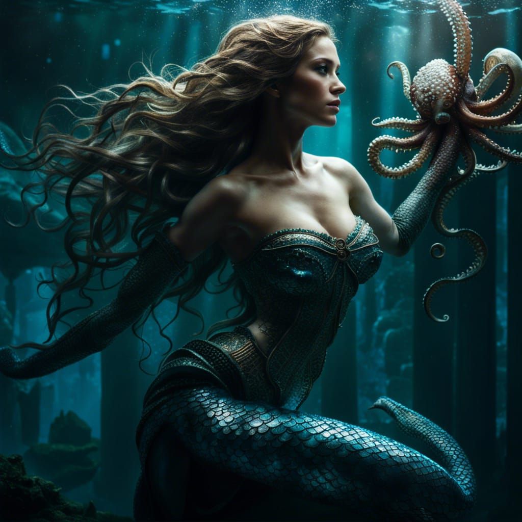 Mermaid with Octopus Hair in Underwater Diorama