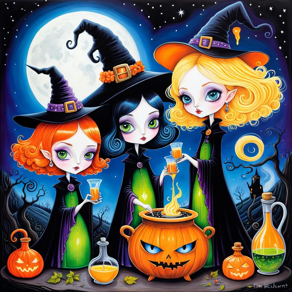 Cute Witch Trio Brewing Potions in Art Brut Style