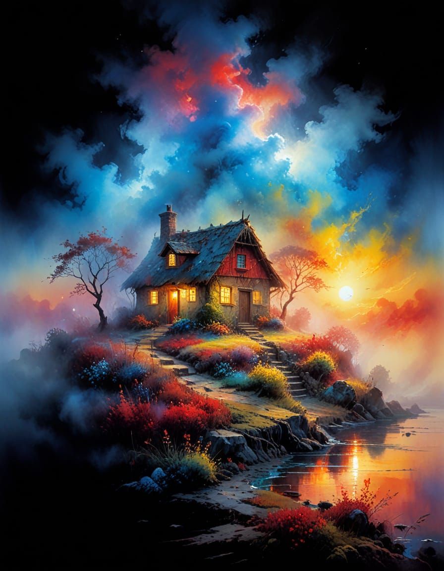 Rustic Cottage in Ethereal Sunrise