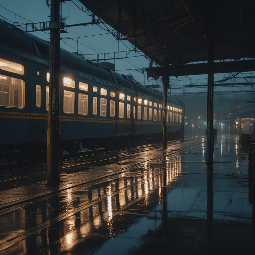 Moody Evening Train Station in Rainy Blur