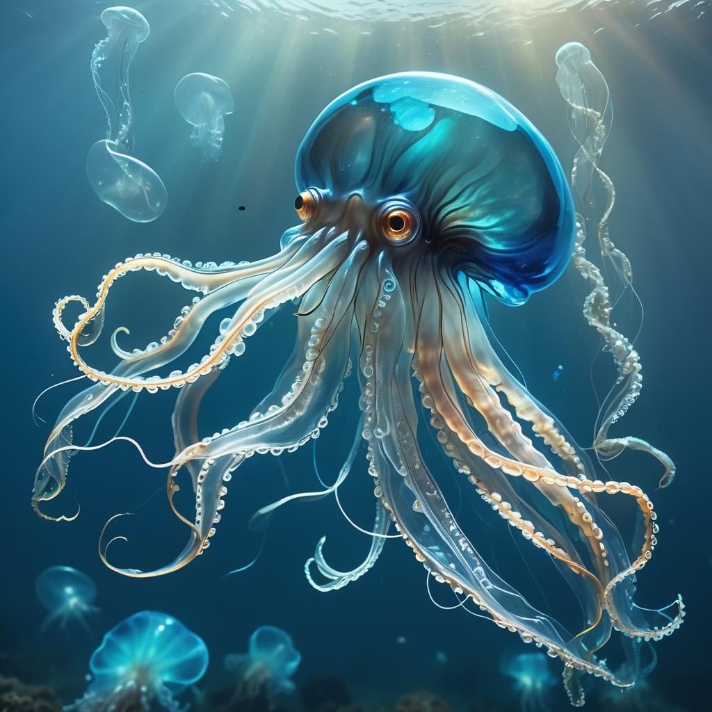 Glowing Glass Squid in Ocean, Underwater View